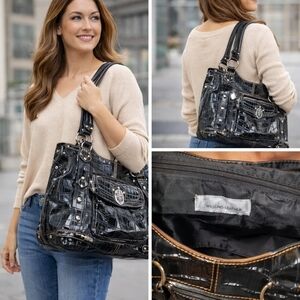 Wilsons Leather Glossy Croc Embossed Black Shoulder Bag with Silver Accents